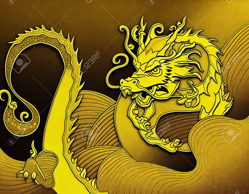 Mão desenhada japonês vector dragão em cores de ouro