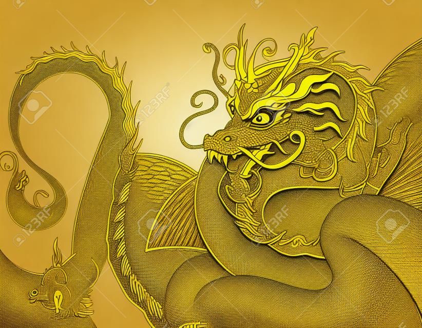 Mão desenhada japonês vector dragão em cores de ouro
