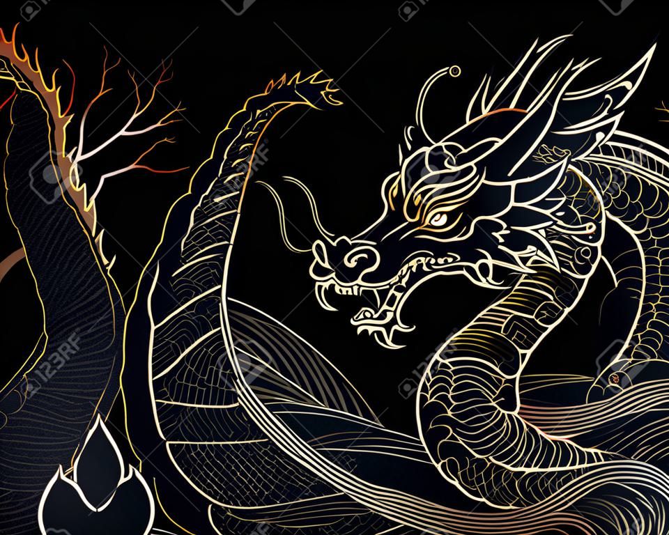 hand getrokken japanse vector draak in gouden kleuren