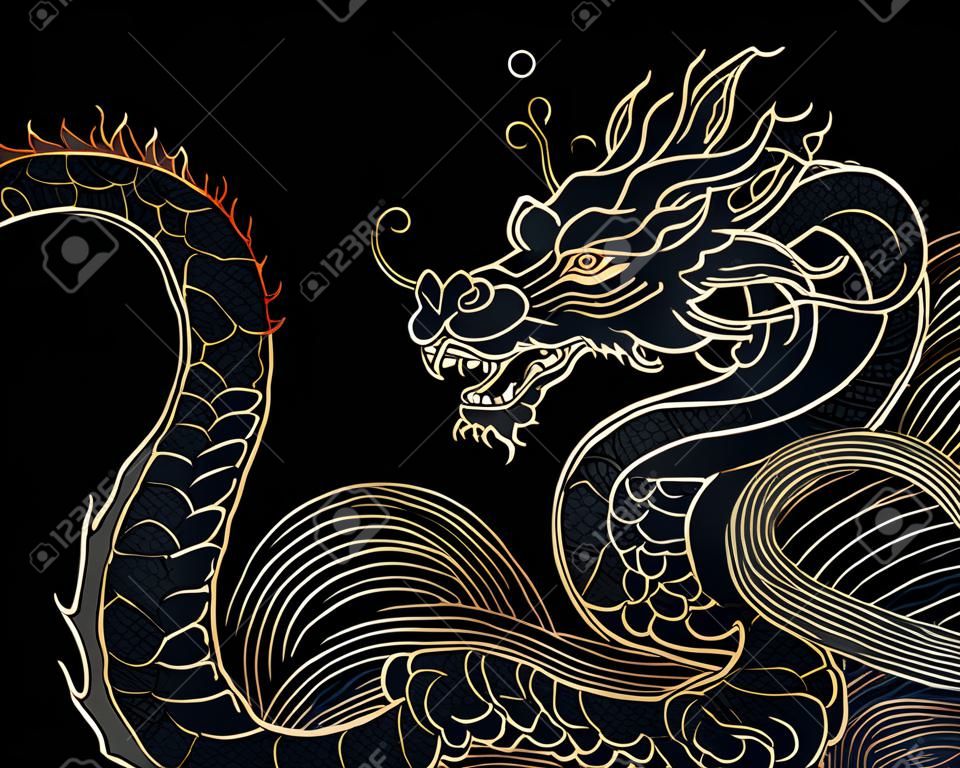 mão desenhada japonês vector dragão em cores de ouro