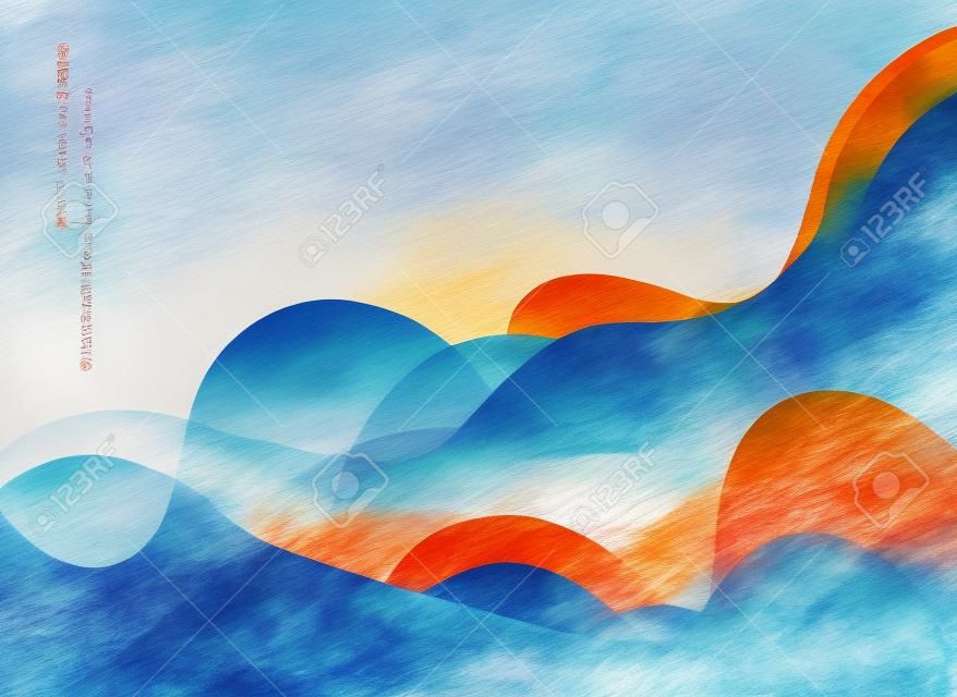 Ilustracja kreskowych abstrakcyjnych gór z niebieską i pomarańczową szorstką teksturą