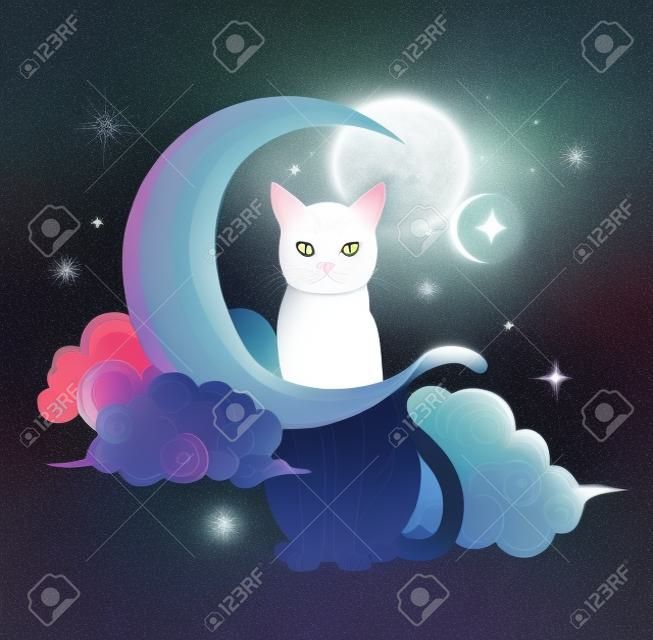 Página Para Colorir Kawaii Gato Está Sentado Nas Nuvens Místico