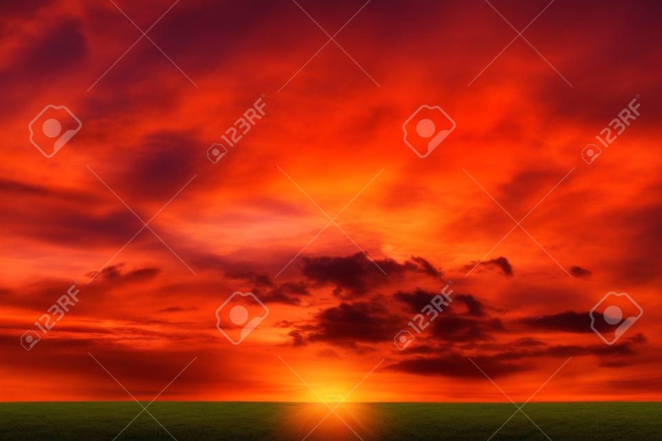 Hermoso paisaje ardiente de la puesta del sol en el prado y el cielo anaranjado sobre él.
