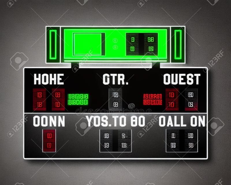 LED american football scoreboard with fully editable data, timer and space for user info. Usa sports board for web, app or print. Flat stylish design. Vector illustration