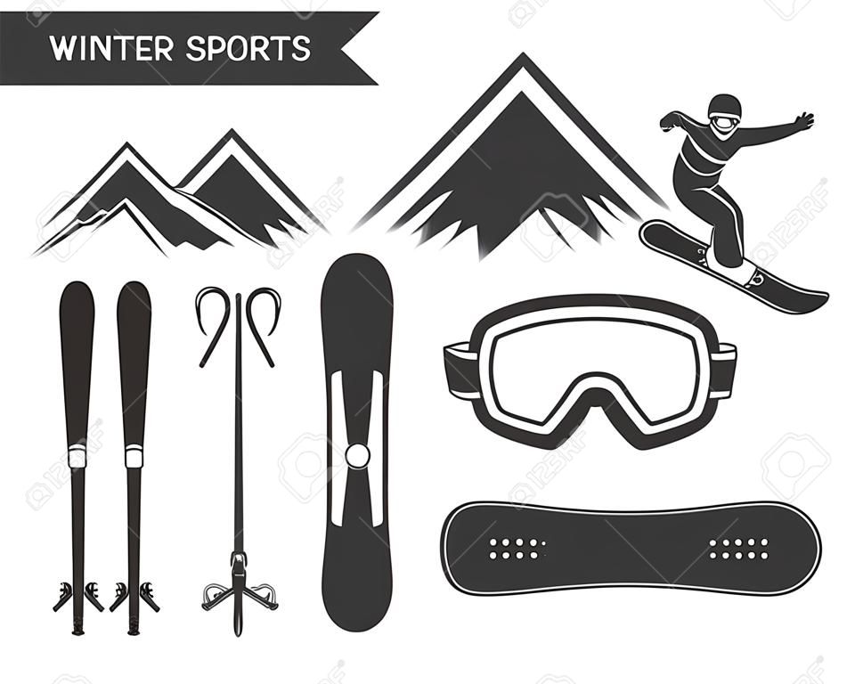 冬季運動元素。滑雪板，滑雪符號。戶外探險圖標。旅遊手工繪製和標識，信息圖表，標籤，徽章時髦的黑白徽章。露營標誌。荒野向量。