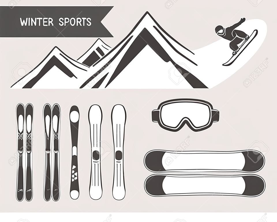elementy sportów zimowych. Snowboard, symbole narciarskich. Odkryty ikonę przygodą. ręcznie rysowane Podróże i hipster monochromatyczny insygnia logo, infografiki, etykiety, odznaki. Camping godła. Dzicz wektorowych.