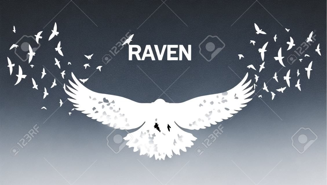 白色乌鸦剪影矢量图，黑色背景下飘动的翅膀，双重曝光效果。