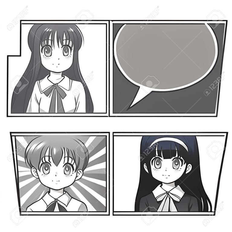 Cartoon et une fille étudiante enfant. Anime et le thème du manga. Comic avec des bulles comme toile de fond. Vector illustration