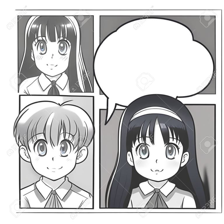 Мультфильм и студент девочка ребенок. Аниме и манга тема. Комикс с пузырьками в качестве фона. Векторная иллюстрация