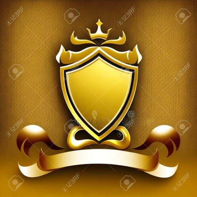 golden shield ribbon heraldic luxury frame decoration. emblem ornament template vector illustration