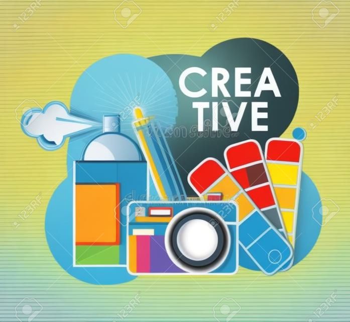 Creative graphic design concept with cartoon elements and tools vector illustration