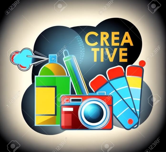 Creative graphic design concept with cartoon elements and tools vector illustration