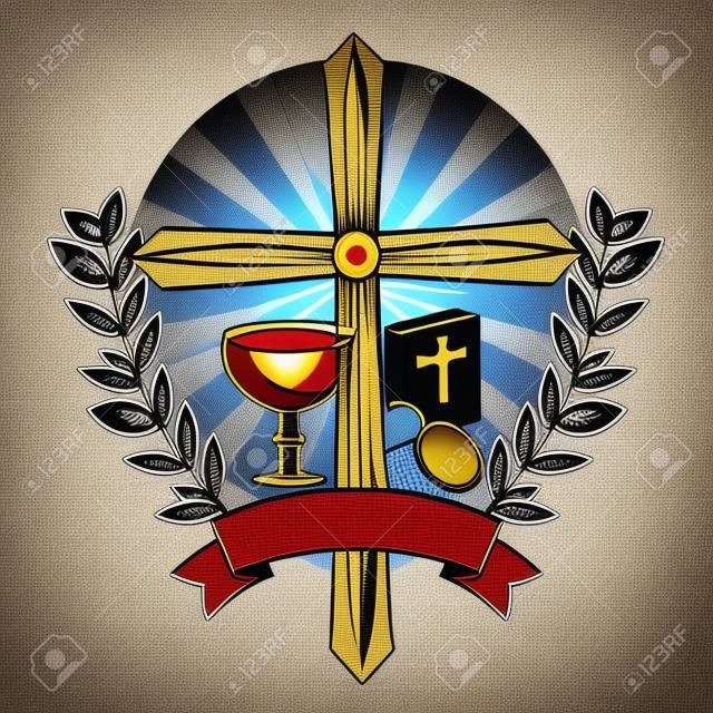 Christian cross symbol with catholic symbols vector illustration graphic design