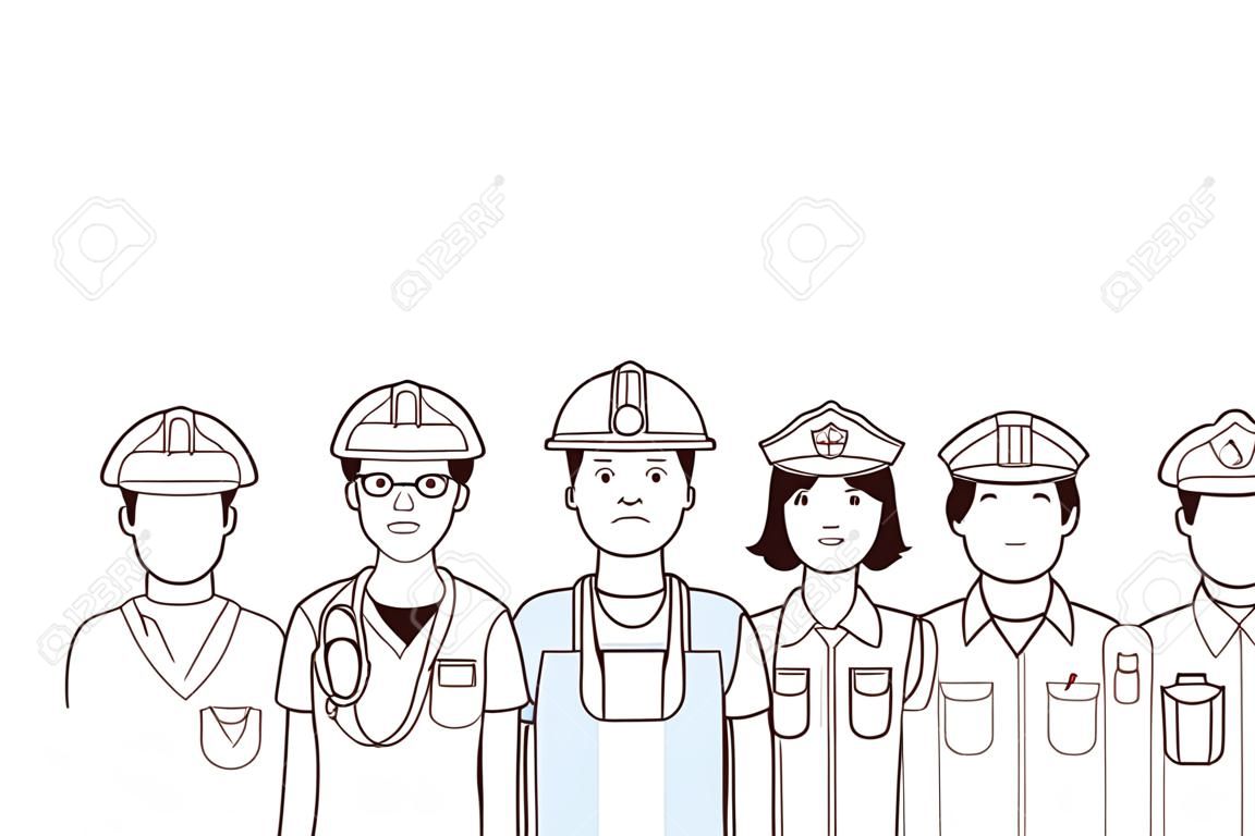 professione e occupazione avatar lavoratore medico poliziotta vigile del fuoco illustrazione vettoriale graphic design
