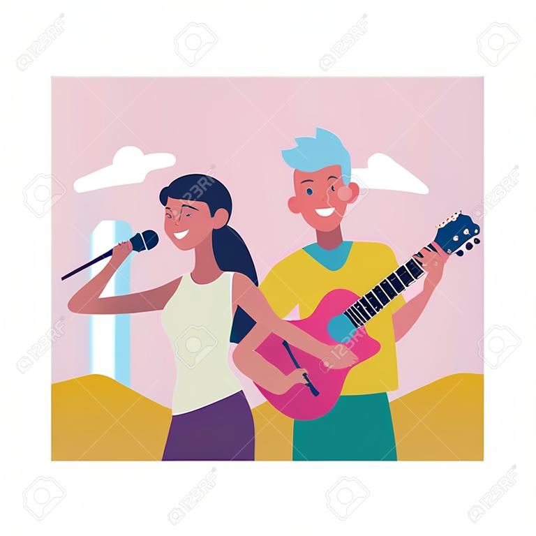 Młoda para z gitarą i mikrofonem kreskówka wektor ilustracja projekt graficzny
