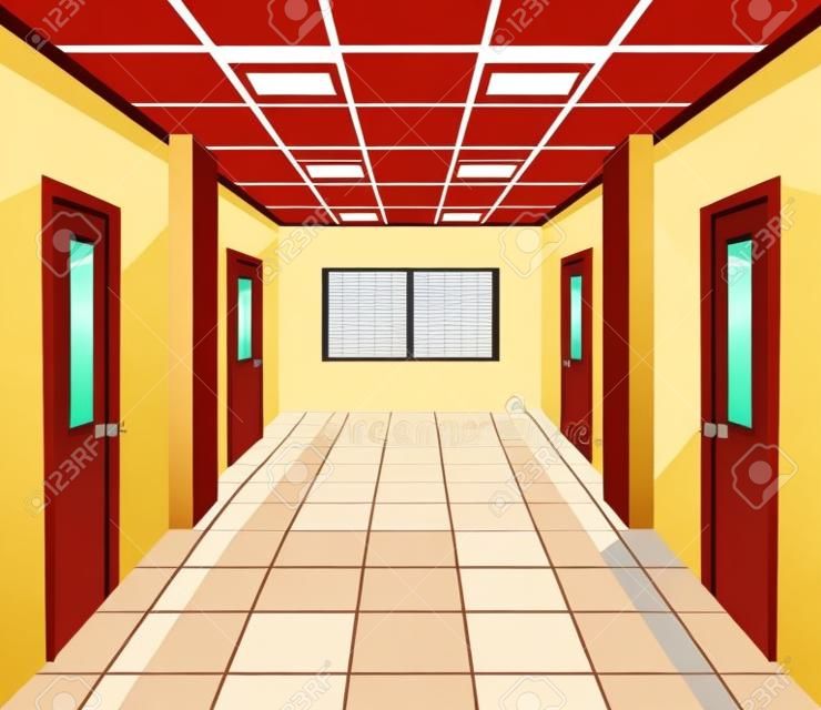 School hall with classroom doors interior cartoon vector illustration graphic design