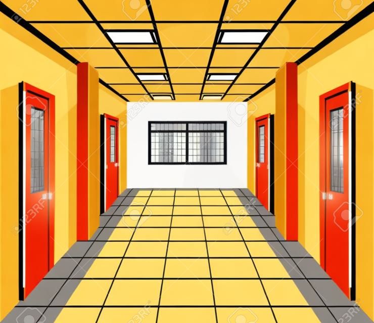 School hall with classroom doors interior cartoon vector illustration graphic design