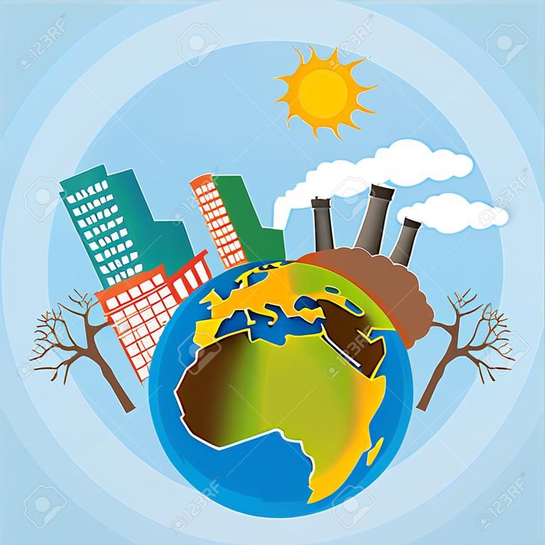 half globe woestijn met vervuiling en half globe met alternatieve energie icoon cartoon vector illustratie grafisch ontwerp