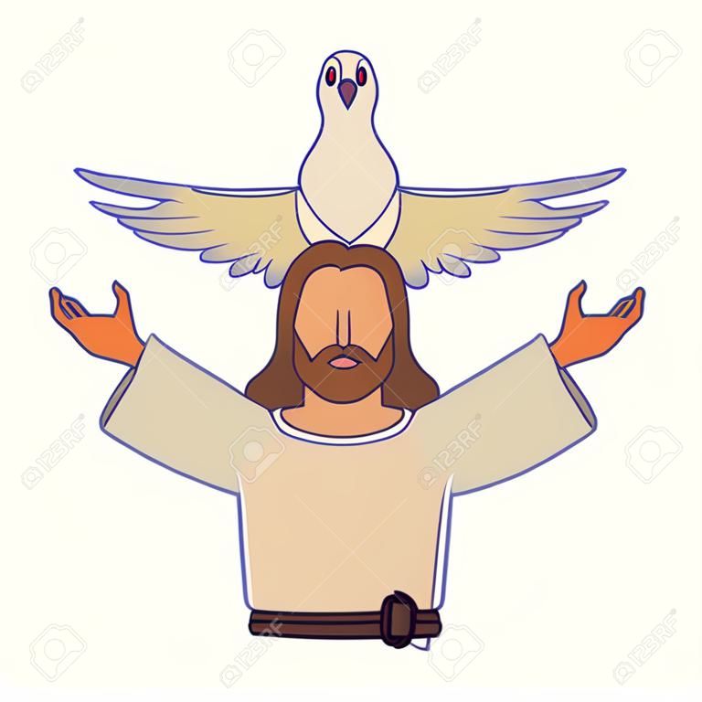 腕を開いて、鳩の漫画のベクトルイラストグラフィックデザインを持つイエスキリストの男