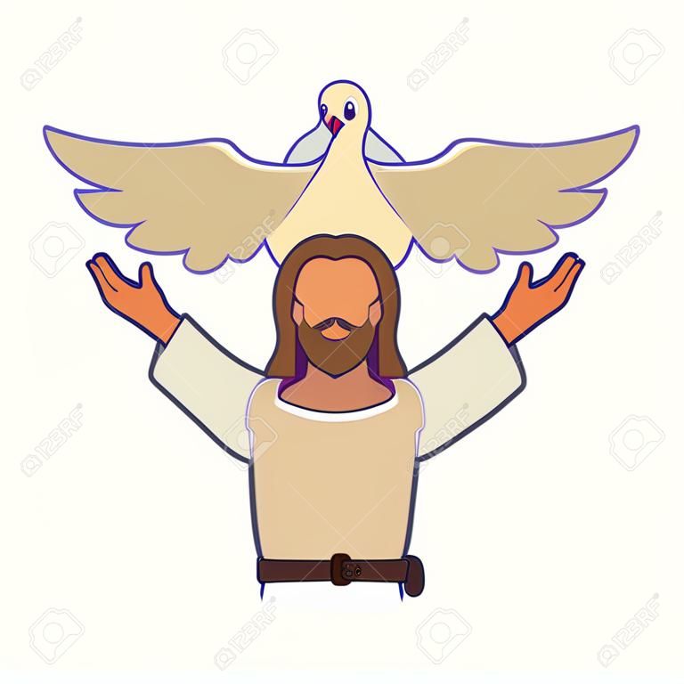 jesus christ man with arms open and dove cartoon vector illustration graphic design