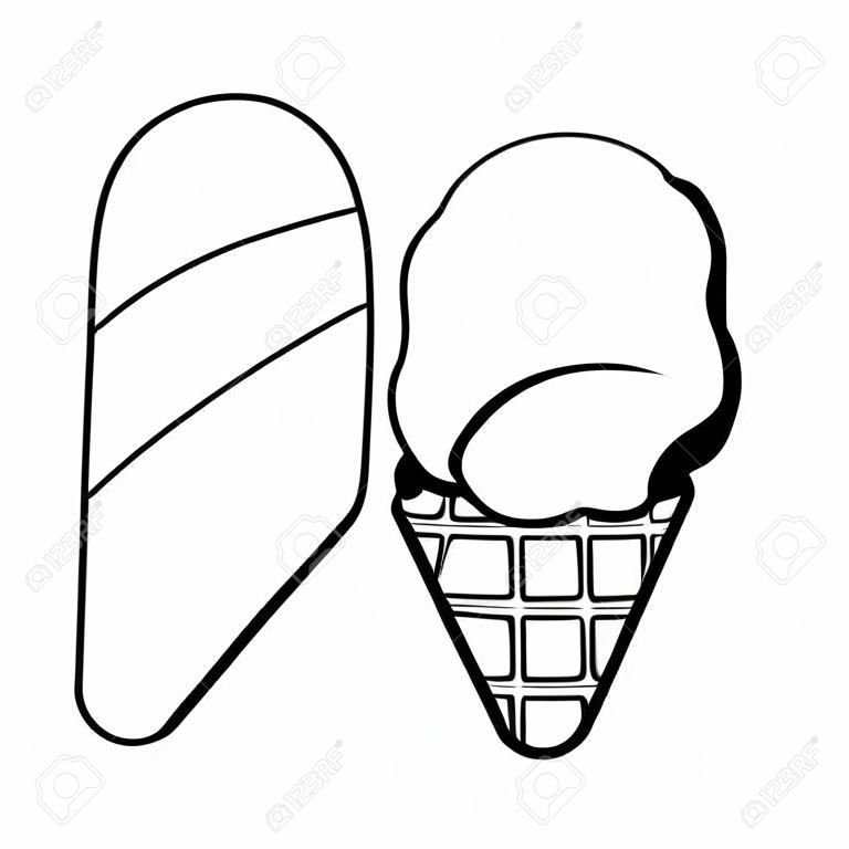 ice cream with waffer cookie cone and ice lolly icon cartoon  in black and white vector illustration graphic design