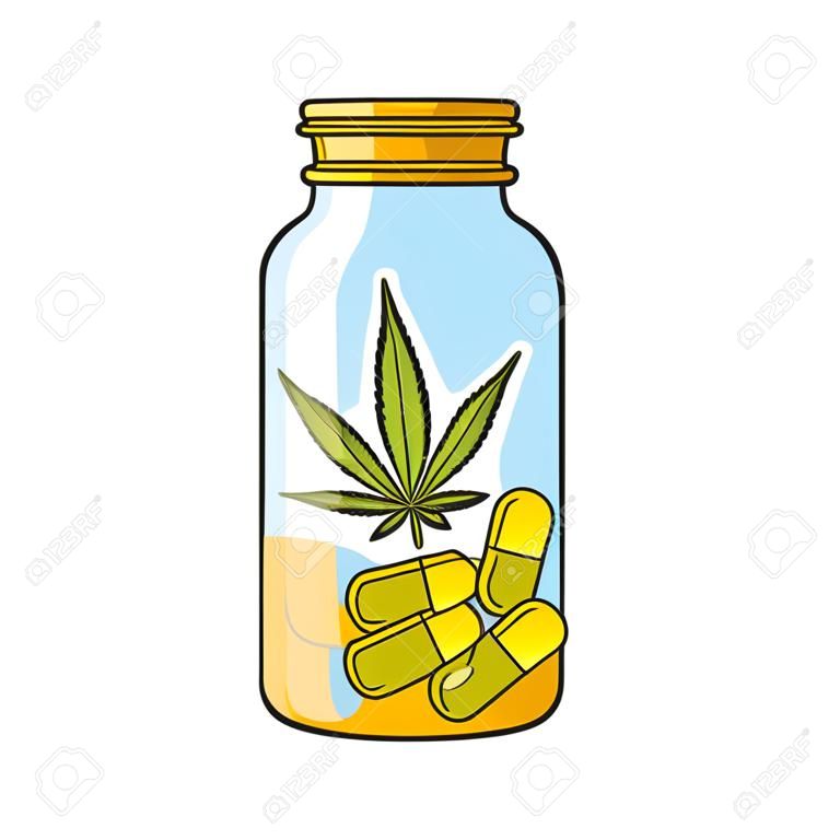 cannabis martihuana medical marijuana medicine sativa hemp pills bottle cartoon vector illustration graphic design
