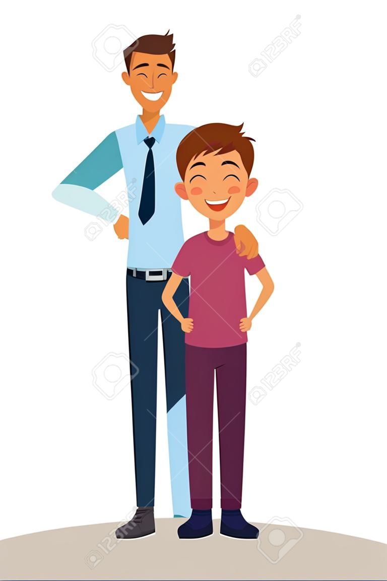 Familie alleenstaande vader en kleine zoon glimlachende cartoon vector illustratie grafisch ontwerp