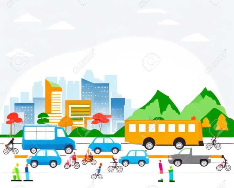 Trasporto urbano e mobilità, cittadini che guidano diversi veicoli per strada con cartoni animati della vista del paesaggio urbano. progettazione grafica di illustrazione vettoriale.