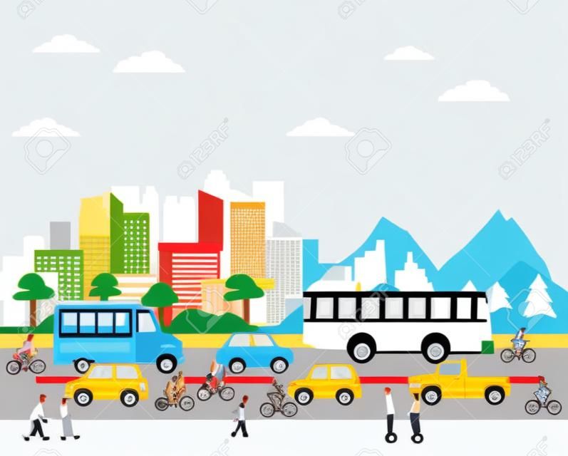 Trasporto urbano e mobilità, cittadini che guidano diversi veicoli per strada con cartoni animati della vista del paesaggio urbano. progettazione grafica di illustrazione vettoriale.