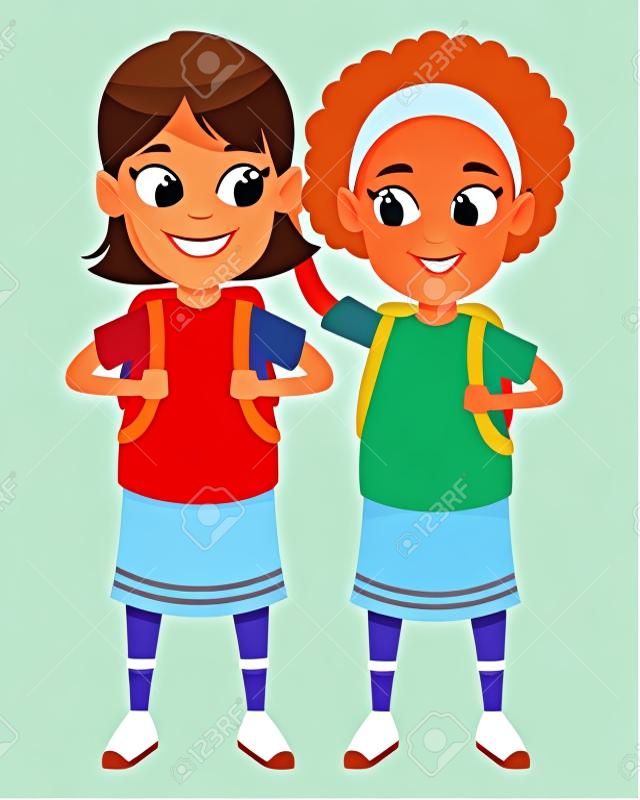 kindertijd schattige school studenten schattige meisjes vrienden dragen rugzak cartoon vector illustratie grafisch ontwerp