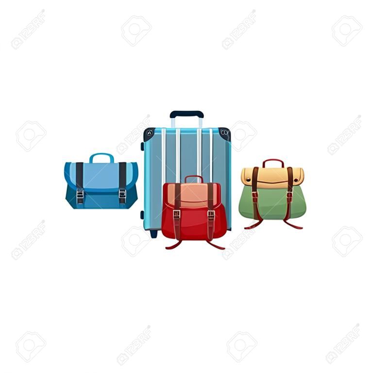 Reisekoffer mit Taschen und Rucksäcken Symbol auf weißem Hintergrund, Vektor-Illustration