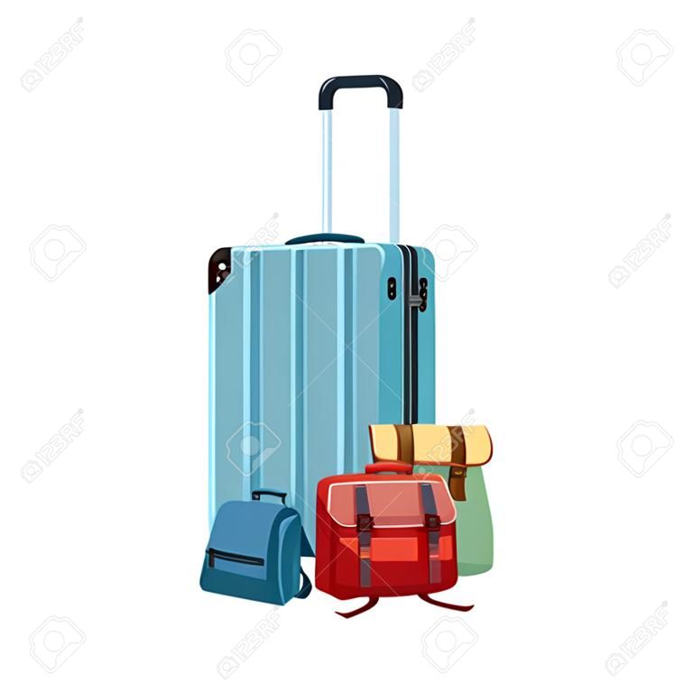 Reisekoffer mit Taschen und Rucksäcken Symbol auf weißem Hintergrund, Vektor-Illustration