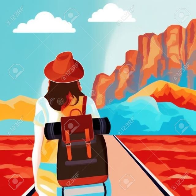 Bela paisagem ocidental com mulher viajante em pé, design colorido, ilustração vetorial