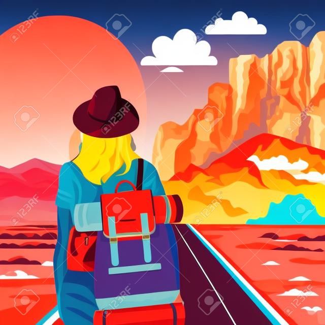 Bela paisagem ocidental com mulher viajante em pé, design colorido, ilustração vetorial