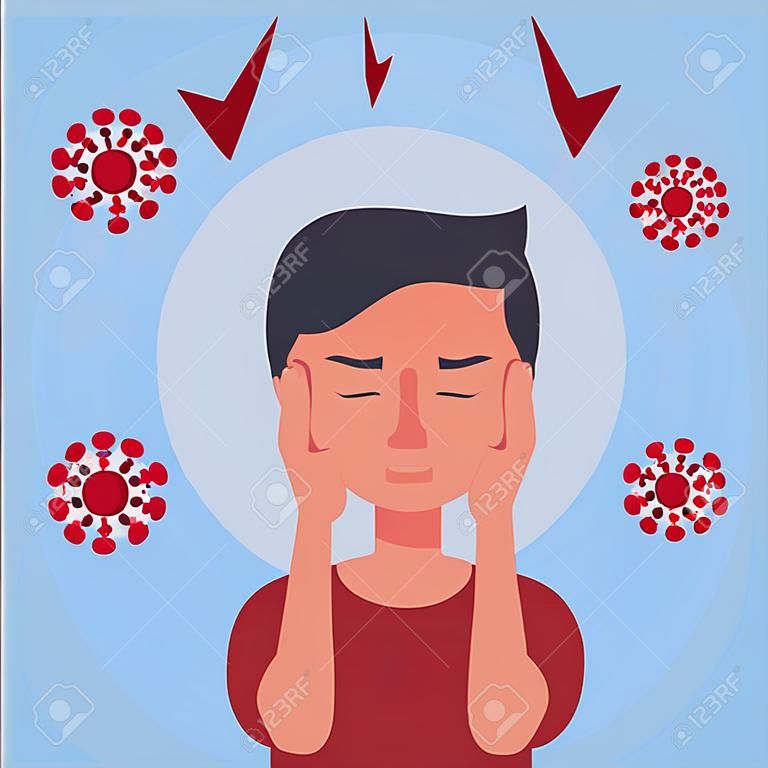 person with headache and covid19 particles vector illustration design