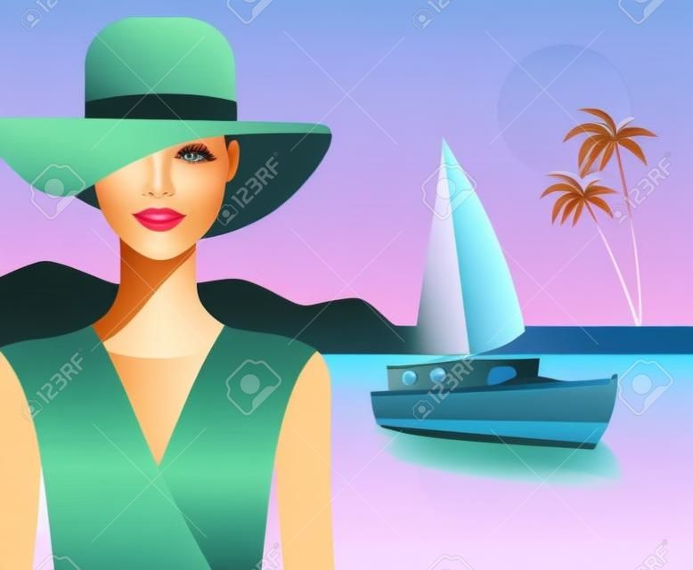 bella donna alla moda con cappello sulla spiaggia illustrazione vettoriale design