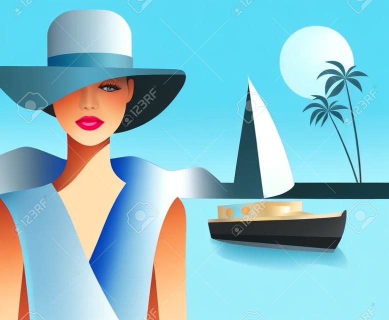 bella donna alla moda con cappello sulla spiaggia illustrazione vettoriale design