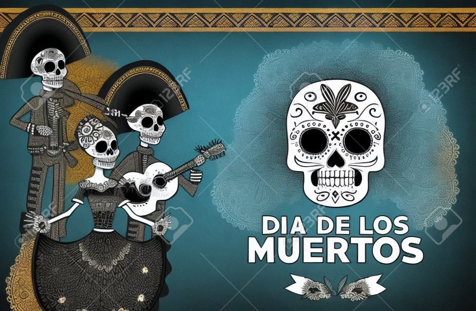 dia de los muertos celebration card with skeletons group and skull painted vector illustration design