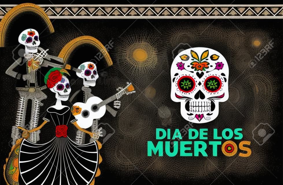 Karta obchodów dia de los muertos z grupą szkieletów i czaszką malowaną wektorową ilustracją
