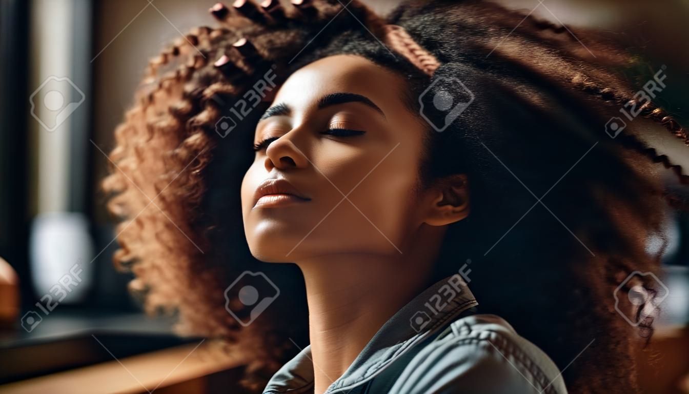 Jovem confiante com cabelo afro encaracolado desfruta de atividade de lazer dentro de casa gerada por inteligência artificial