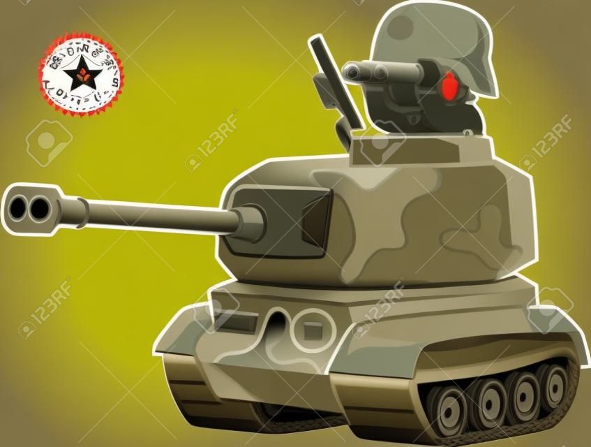 Cartoon army with tiger tank, vector illustration on white background.