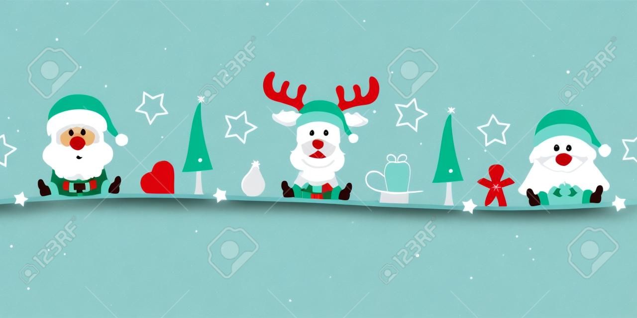 Banner Santa Reindeer And Tree With Icons Turquoise