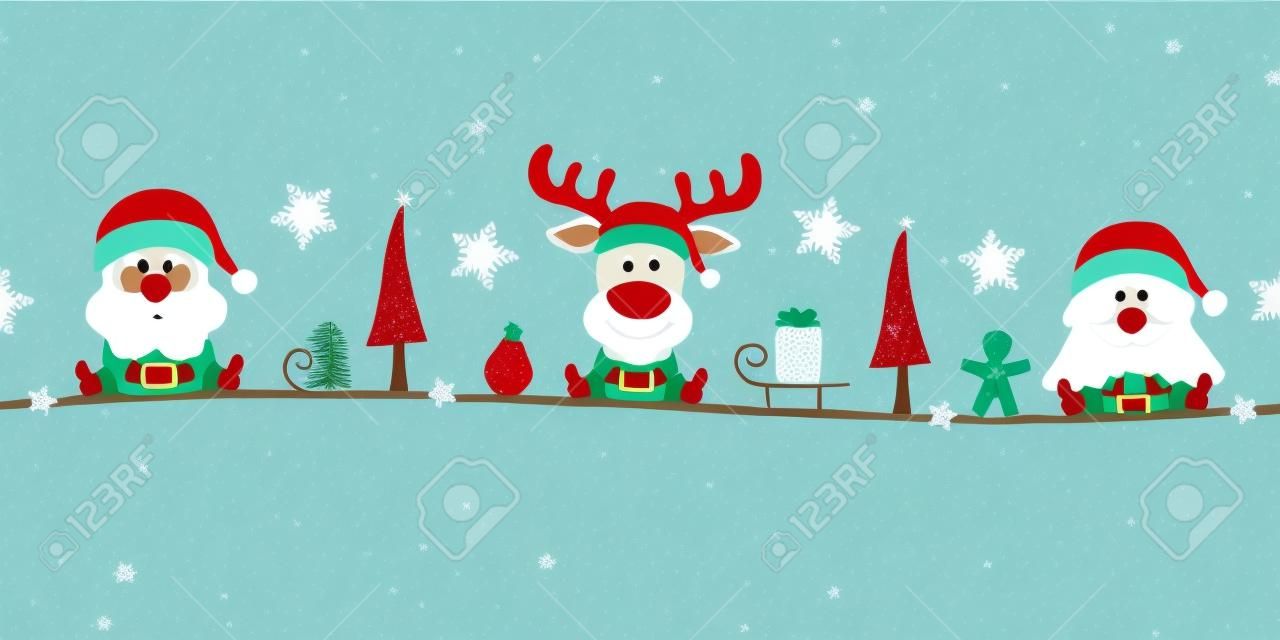Banner Santa Reindeer And Tree With Icons Turquoise