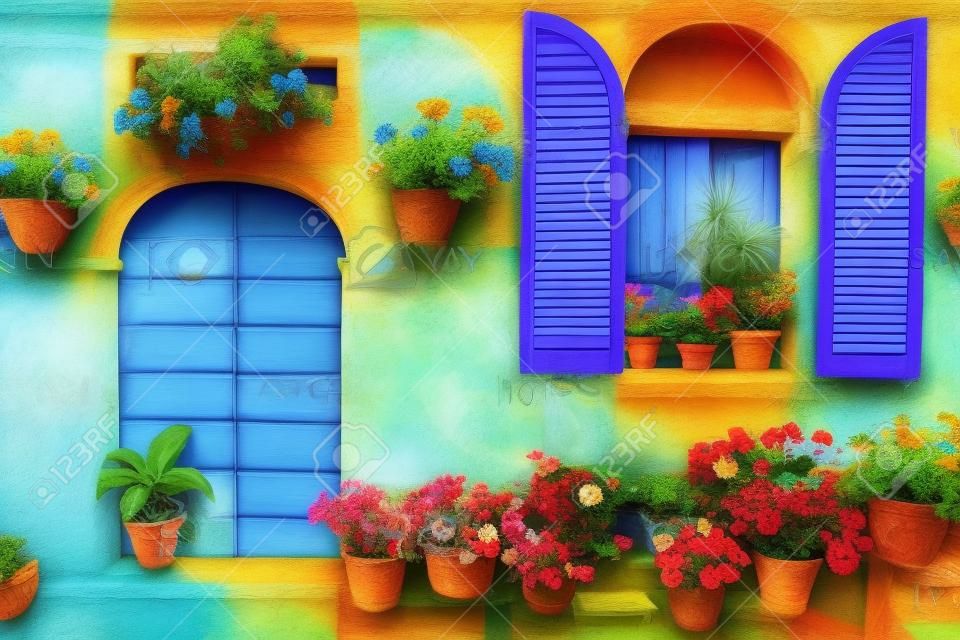 Frente de la casa italiana con macetas de flores de colores