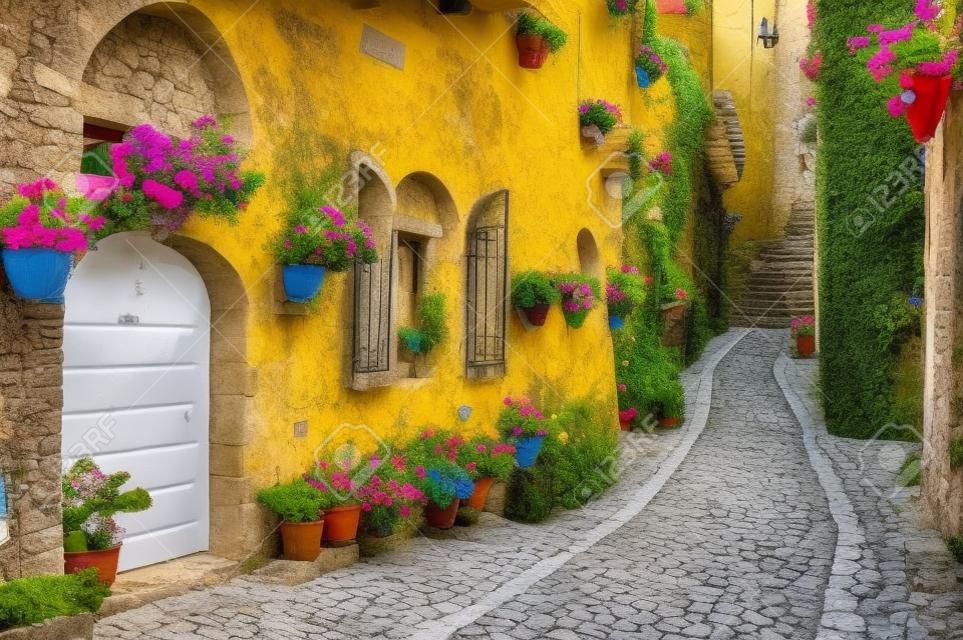 Живописный переулок с цветами в итальянском горном городе