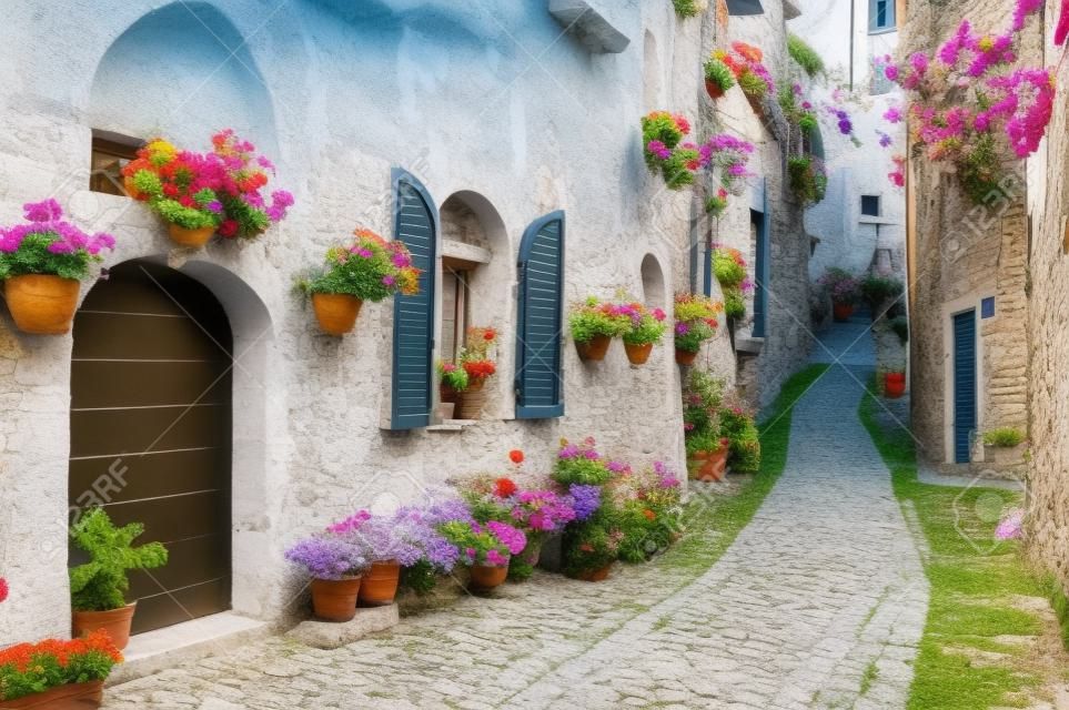 이탈리아의 언덕 마을에 꽃과 그림 레인