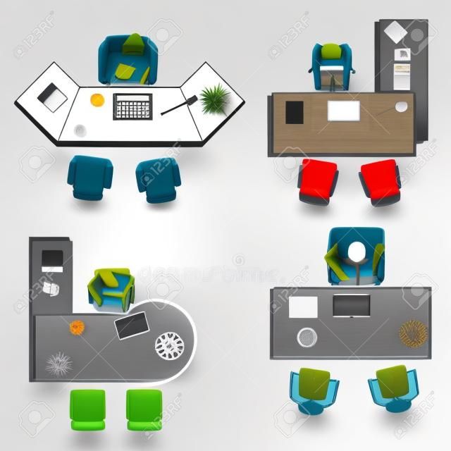 irodai bútorok felülnézet szett 6 belső, vektoros illusztráció