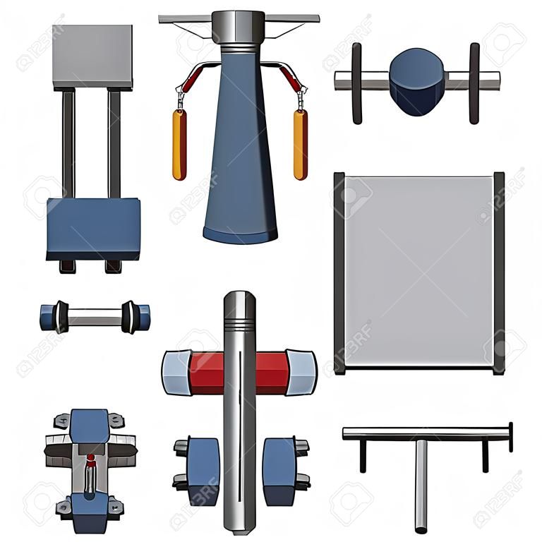 attrezzature per il fitness vista dall'alto set 2 per interni, illustrazione vettoriale
