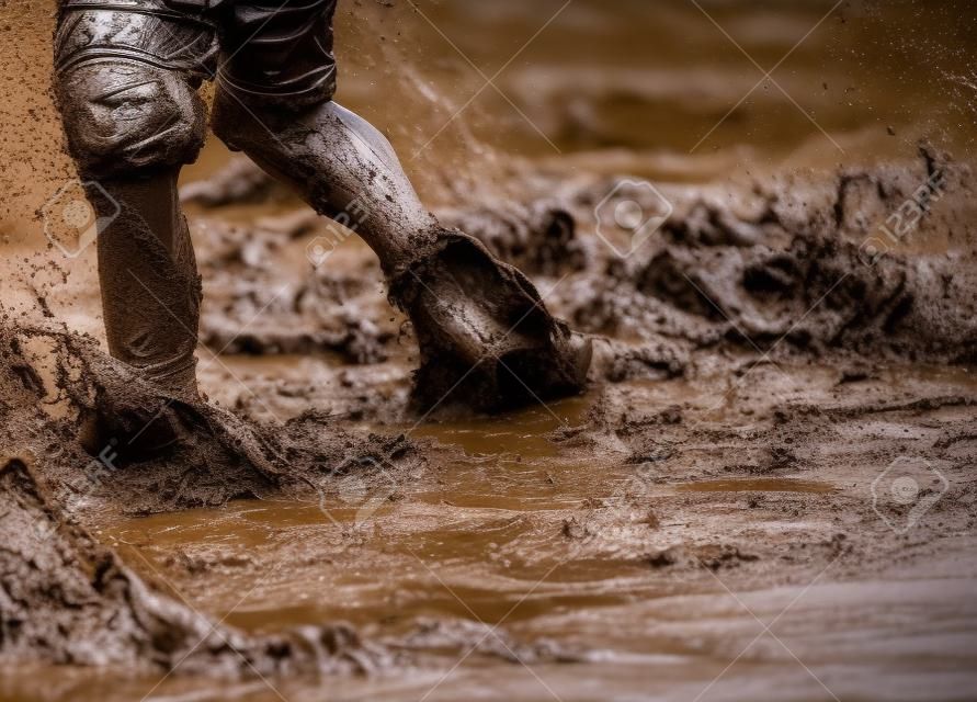 深水泥濘的水與腳在一場比賽中流淌並拖動泥土
