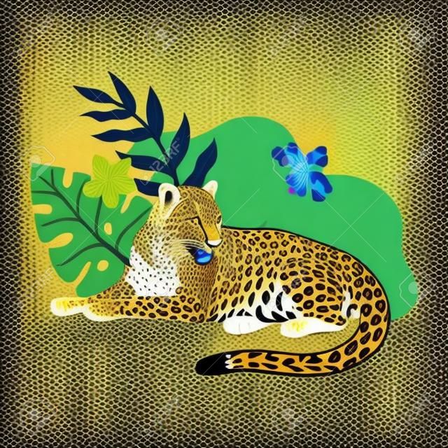 Leopard mit tropischen exotischen Blättern und Blumen. Bunte Vektorillustration.